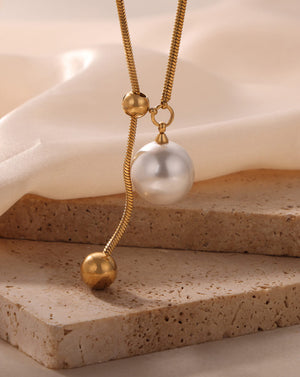 Adjustable Gold Pearl Pendant Necklace with Slider Knot Charm