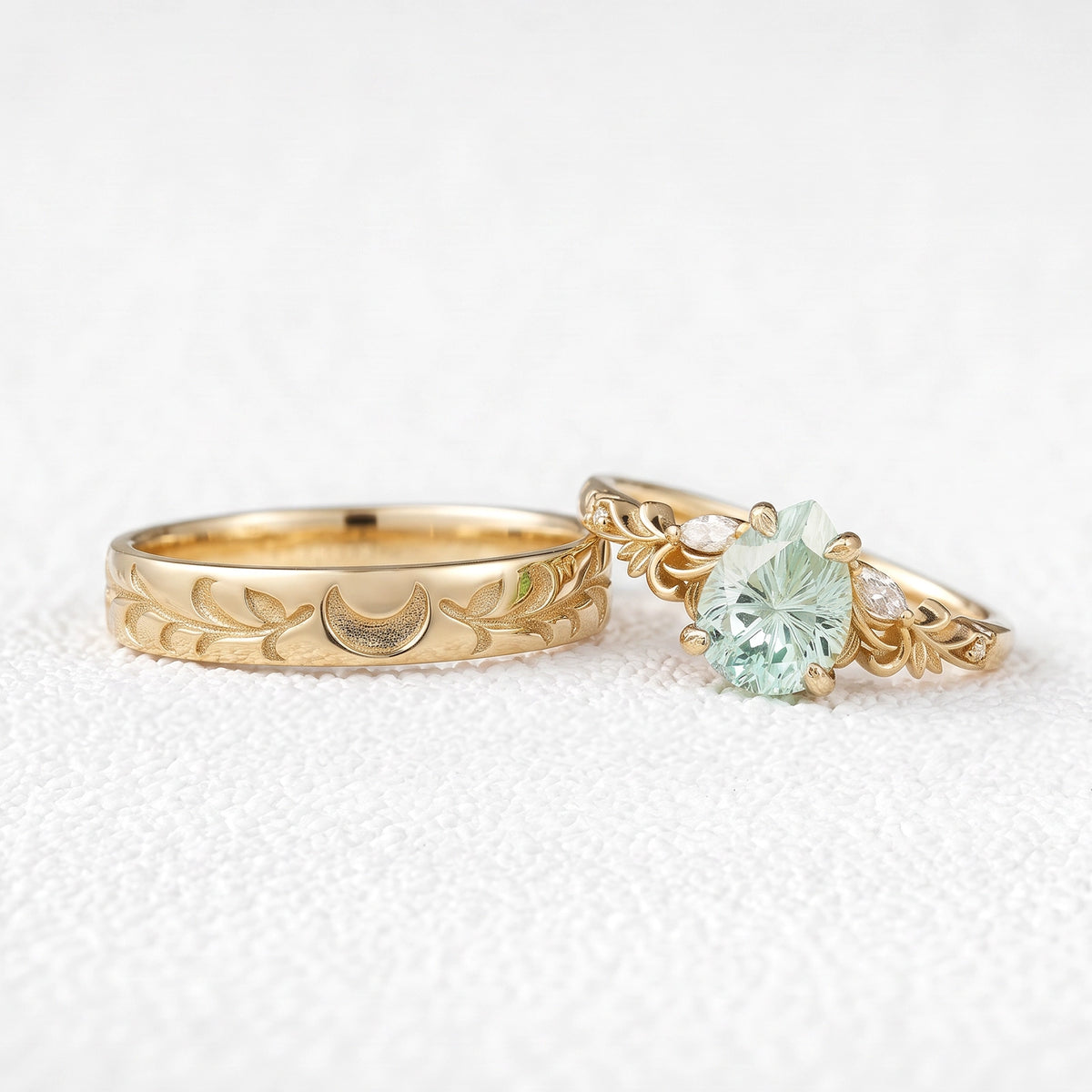 Selene’s Grove | Pear Green Sapphire & Moon Phase Couple Ring Set