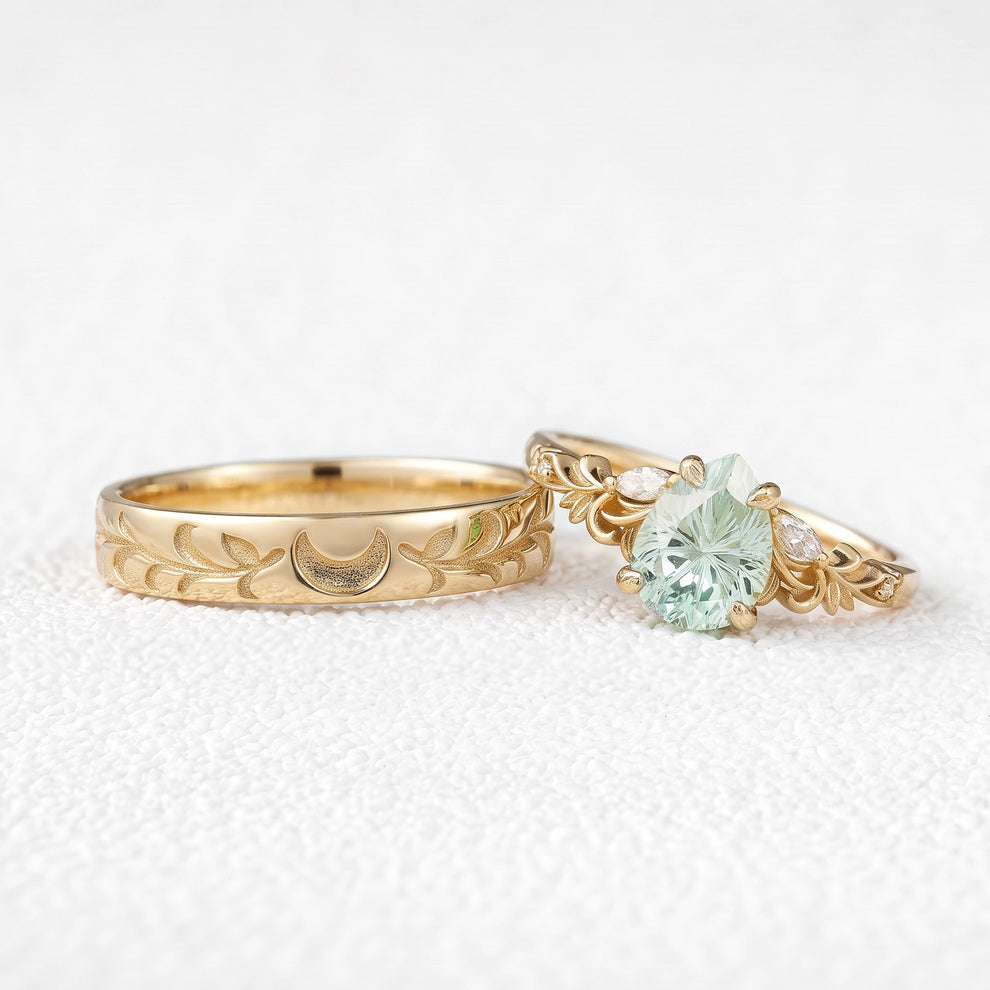 Selene’s Grove | Pear Green Sapphire & Moon Phase Couple Ring Set