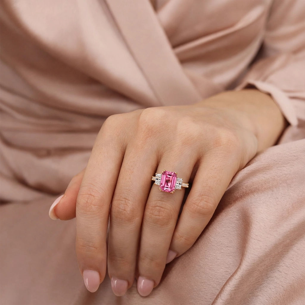 Cleo's Romance | 3CT Pink Baguette Solitaire Statement Ring.