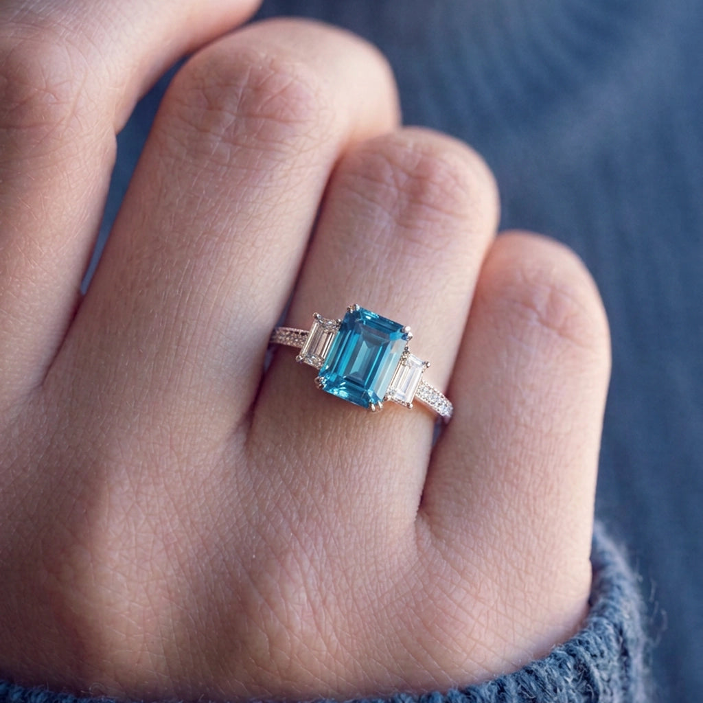 Cleo's Breeze | 3CT Sea Blue Baguette Solitaire Statement Ring.