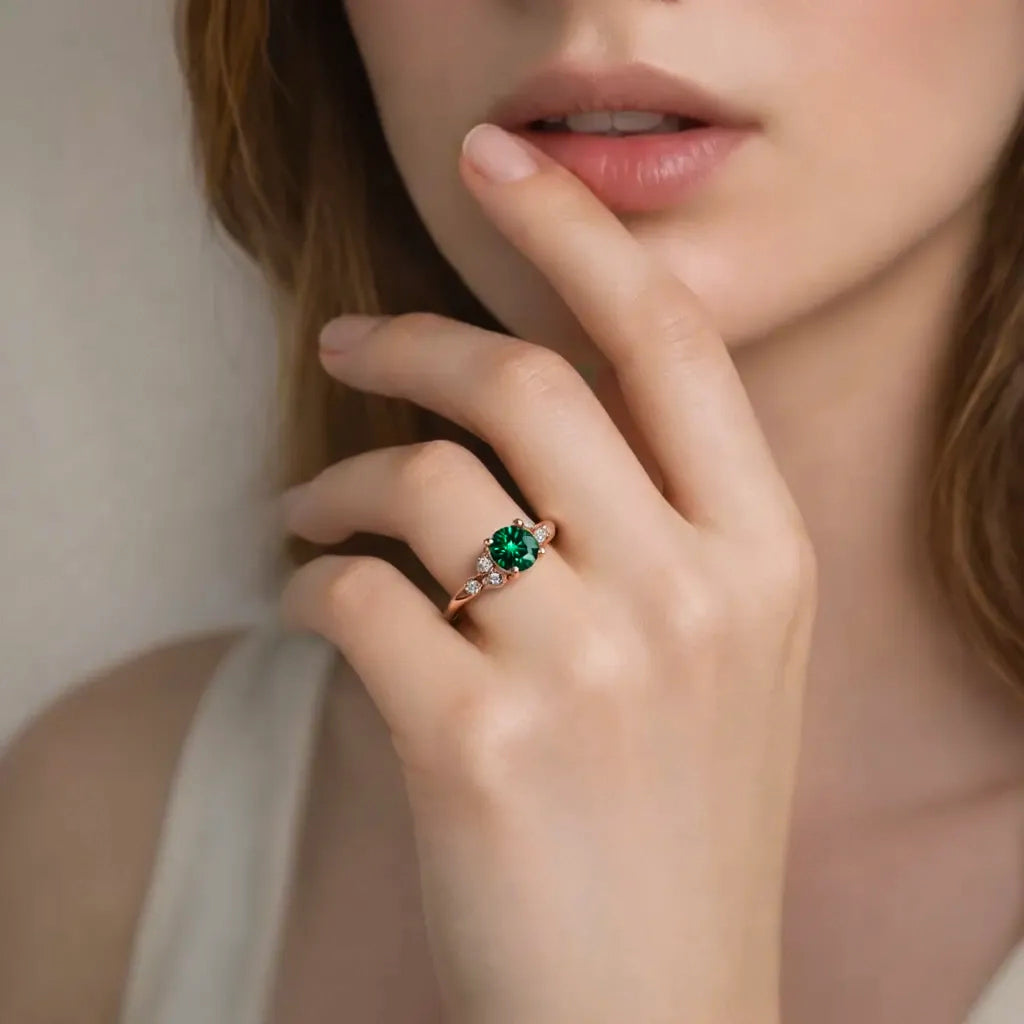 Celia‘s Sonnet | 1.5CT Round Cut Green Solitaire Ring.