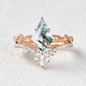 Unique Kite Moss Agate Engagement Ring Sets 2pcs.
