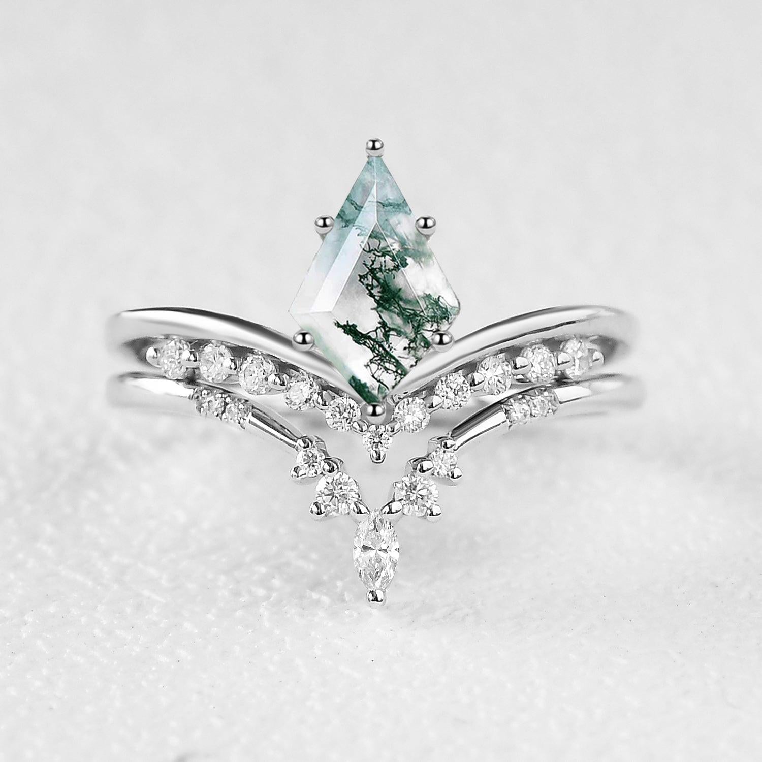 Felicegals Kite Cut Moss Agate Chevron Engagement Ring Set 2pcs.