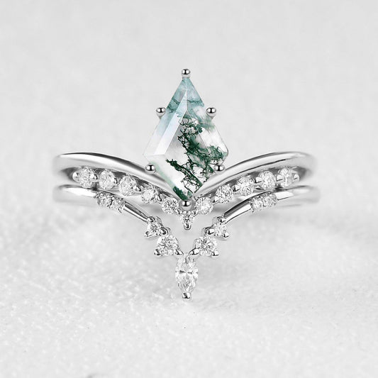 Felicegals Kite Cut Moss Agate Chevron Engagement Ring Set 2pcs.