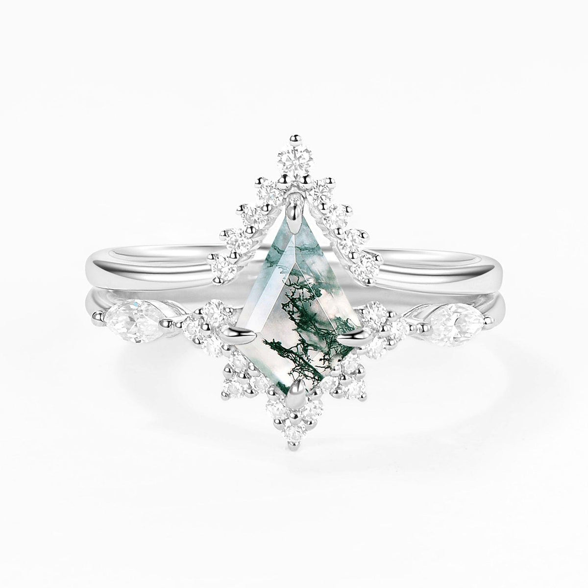 One-of-a-Kind Kite Cut Moss Agate Engagement Ring Set 2pcs.