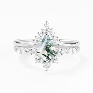 One-of-a-Kind Kite Cut Moss Agate Engagement Ring Set 2pcs.