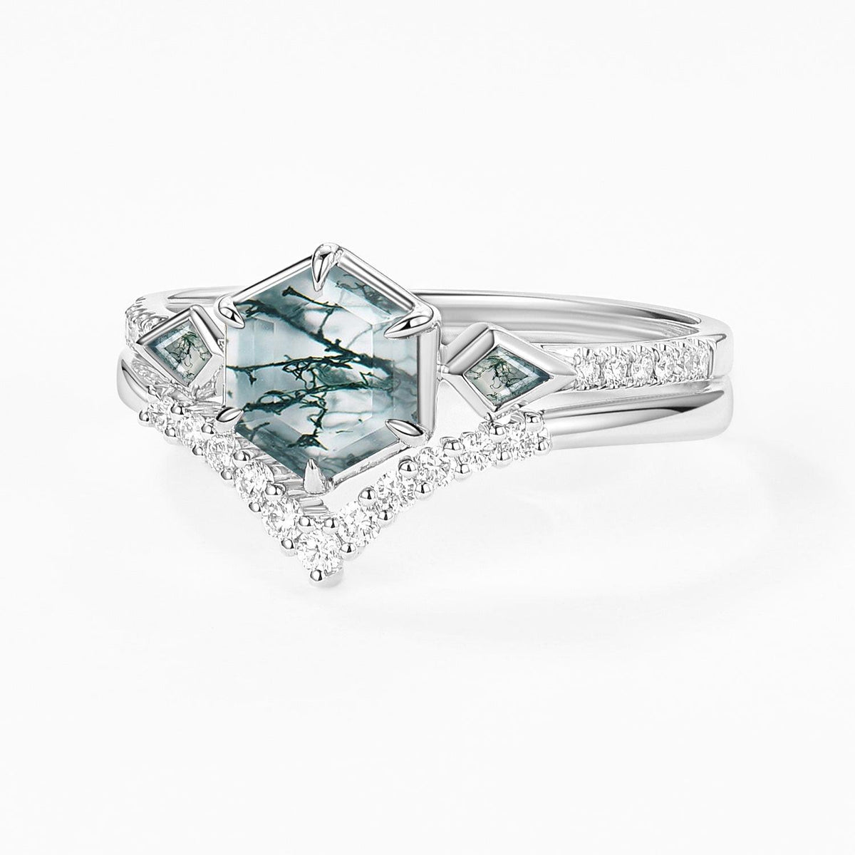 1.0ct Hexagon Moss Agate Geometric Cluster Engagement Ring Set 2pcs.