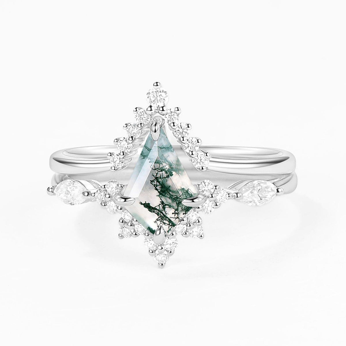 One-of-a-Kind Kite Cut Moss Agate Engagement Ring Set 2pcs.