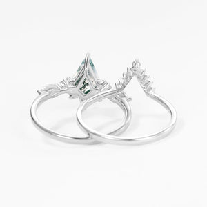 One-of-a-Kind Kite Cut Moss Agate Engagement Ring Set 2pcs.