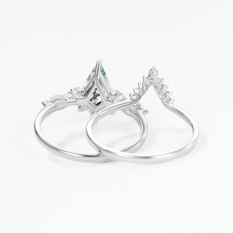 One-of-a-Kind Kite Cut Moss Agate Engagement Ring Set 2pcs.