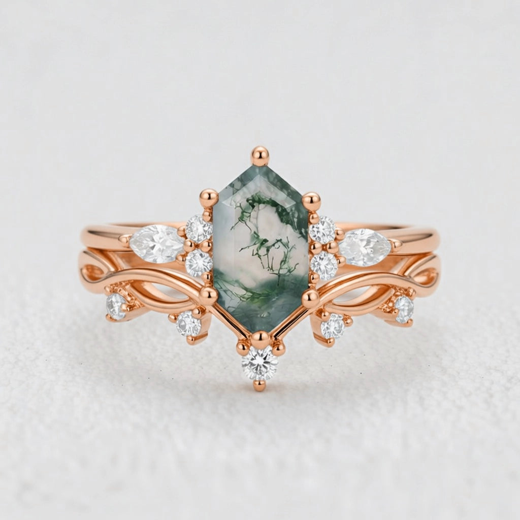 Maia’s Glade | Long Hexagon Moss Agate Leafy Couple Ring Set 3pcs.