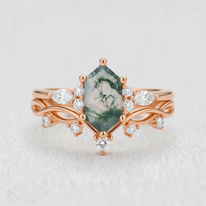 Maia’s Glade | Long Hexagon Moss Agate Leafy Couple Ring Set 3pcs.