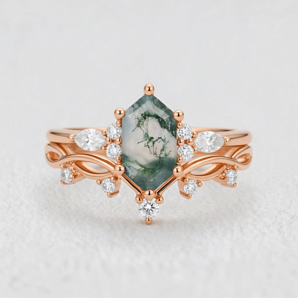 Maia’s Glade | Long Hexagon Moss Agate Leafy Couple Ring Set 3pcs.