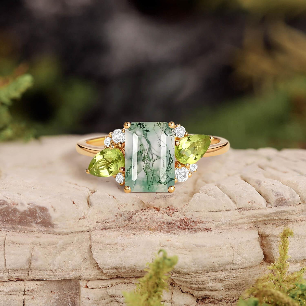 Nature Inspired Emerald Cut Moss Agate Double Pear Peridot Engagement Ring.