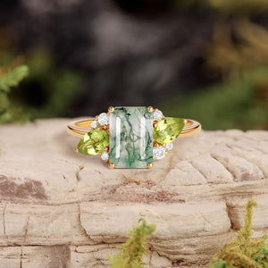 Nature Inspired Emerald Cut Moss Agate Double Pear Peridot Engagement Ring.