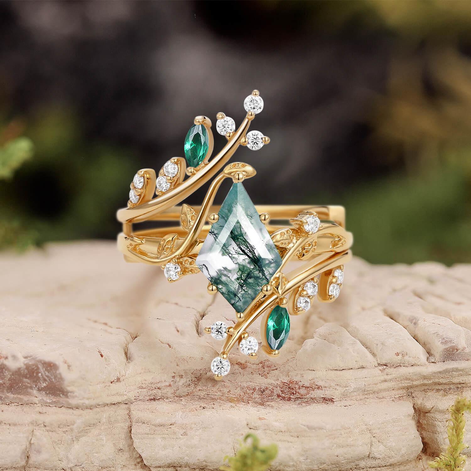 Sylvie’s Enclave | Kite Cut Moss Agate & Emerald Cage Leafy Bridal Set 2pcs.