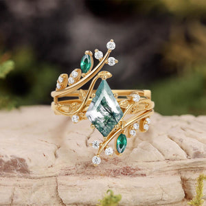 Sylvie’s Enclave | Kite Cut Moss Agate & Emerald Cage Leafy Bridal Set 2pcs.