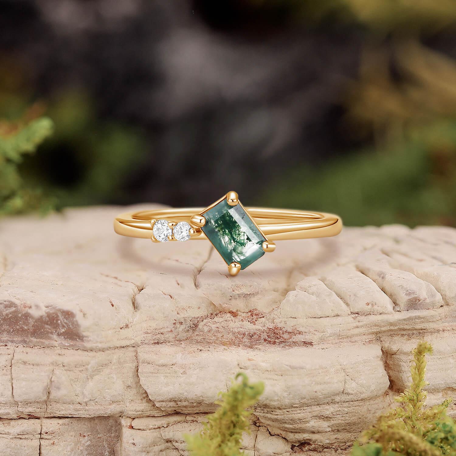Minimalist Emerald Cut Moss Agate & Moissanite Engagement Ring.
