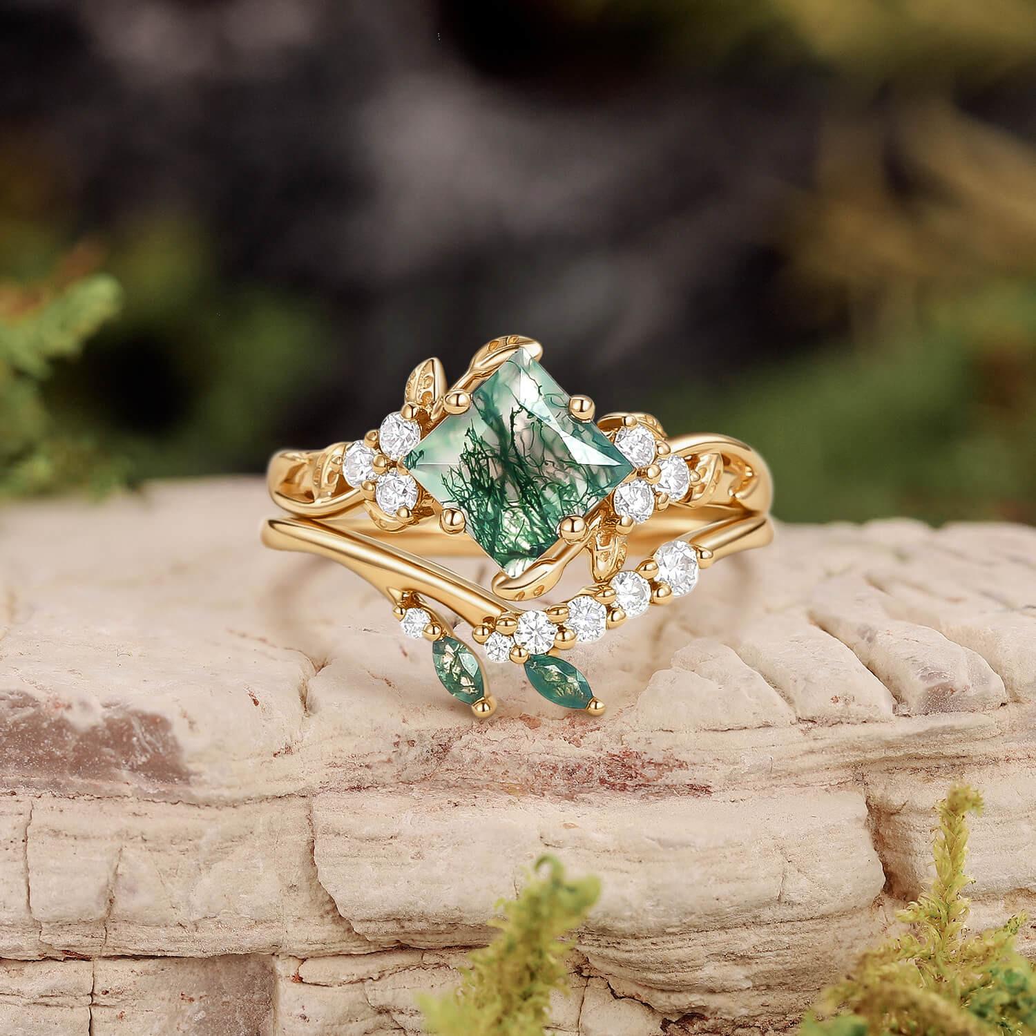 Nature Inspired Green Leafy Princess Cut Moss Agate Engagement Ring Set 2PCS.