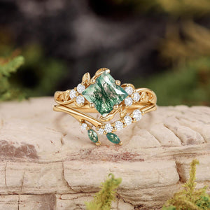 Nature Inspired Green Leafy Princess Cut Moss Agate Engagement Ring Set 2PCS.
