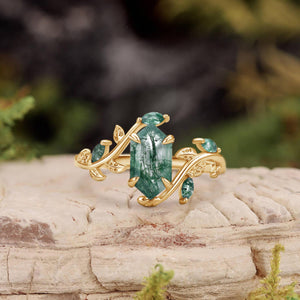Sylvie’s Herbarium | Vintage Hexagon Moss Agate & Emerald Leafy Engagement Ring.