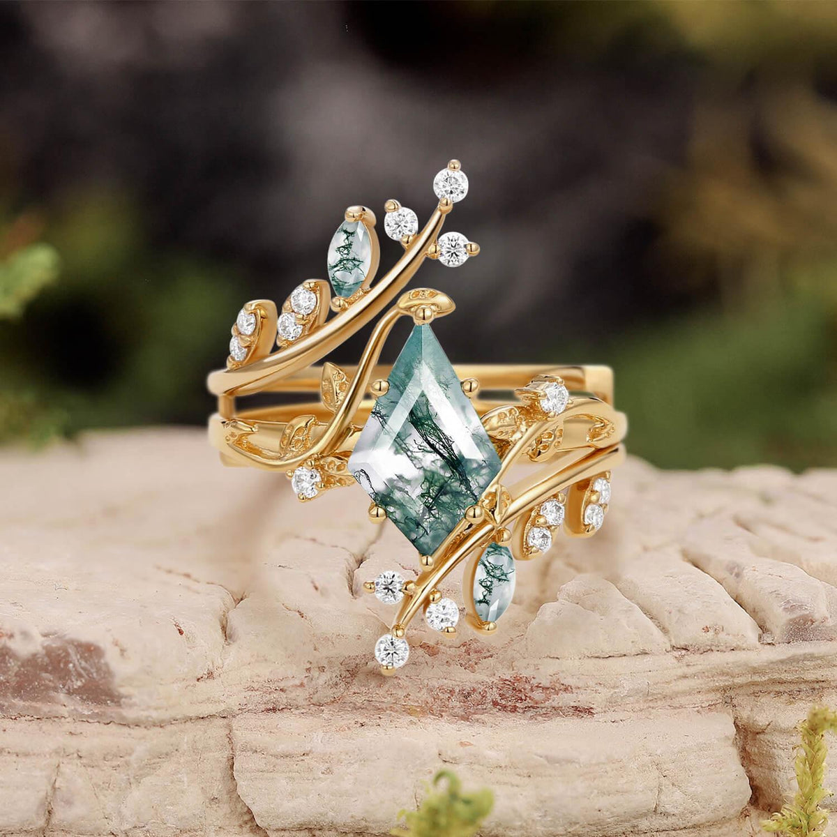 Elara’s Bower | Kite Cut Moss Agate Cage Leafy Bridal Set 2pcs.