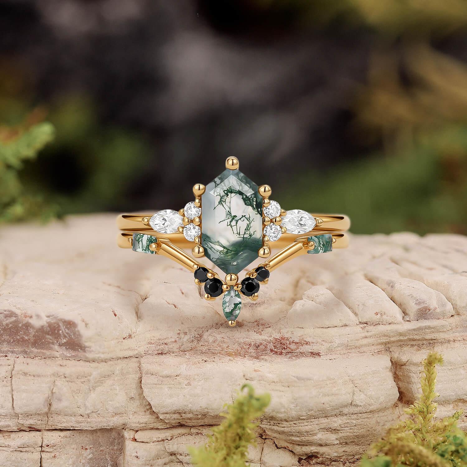 Unique Hexagon Moss Agate & Black Onyx Ring Set 2pcs.