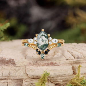 Unique Hexagon Moss Agate & Black Onyx Ring Set 2pcs.