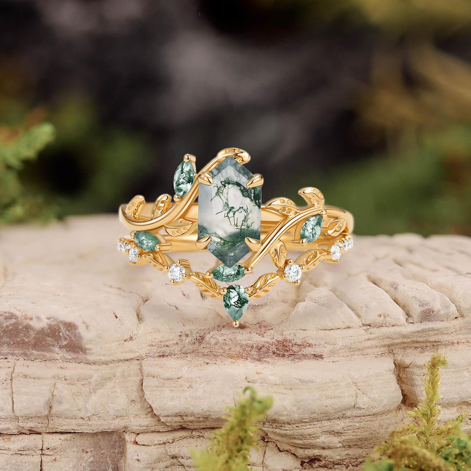 Daphne Moss Agate Hexagon Vine Emerald Engagement Ring Set 2pcs.