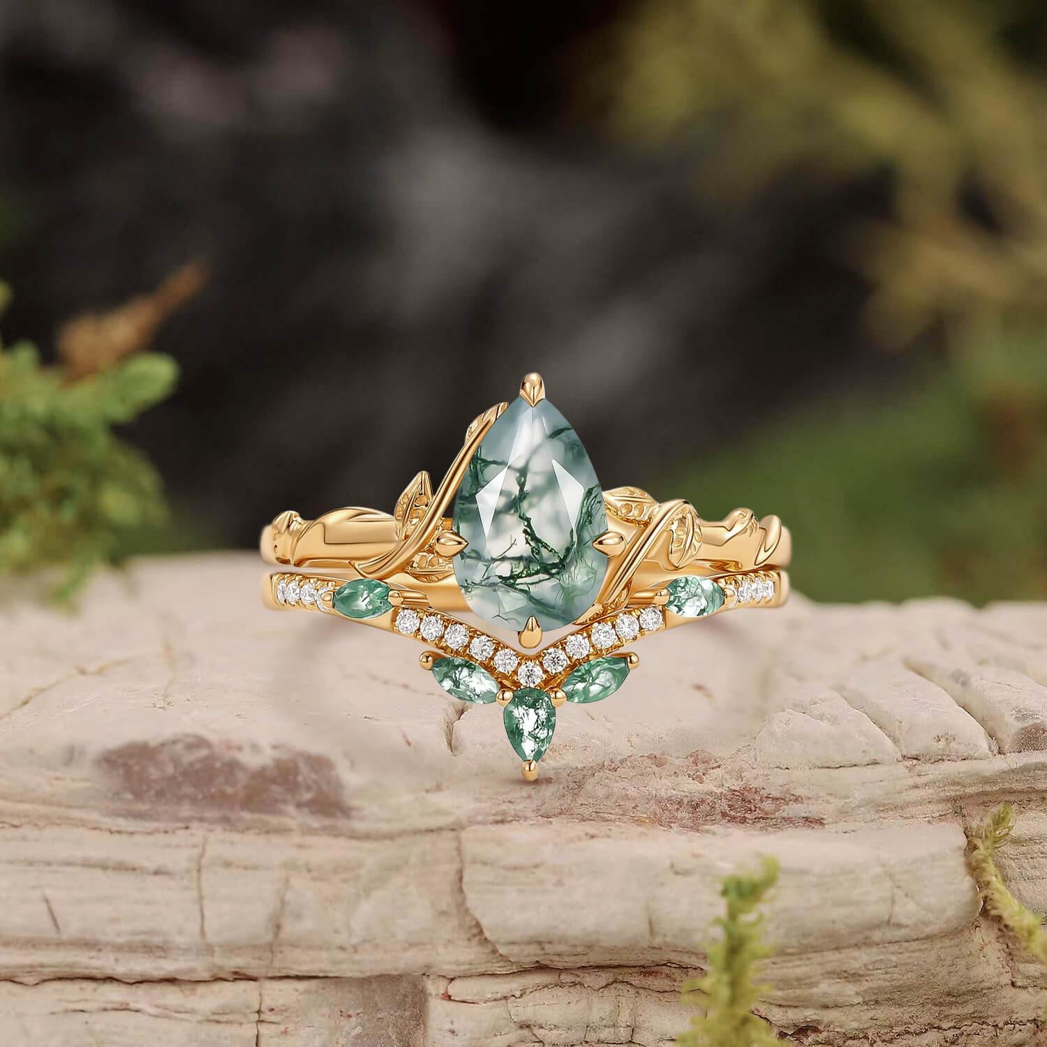 Lark Nature Inspired Pear Cut Moss Agate Leafy Ring Set 2pcs.