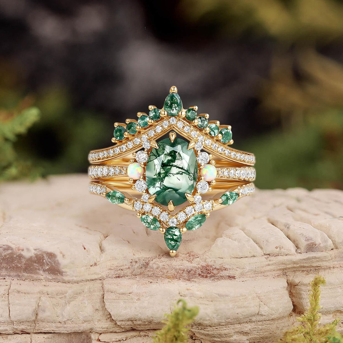 Ethan Unique Oval Cut Moss Agate & Opal Engagement Ring Set 3pcs.