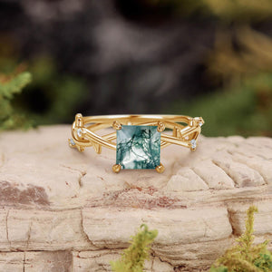 Nature Inspired Princess Cut Moss Agate Leafy Engagement Ring.