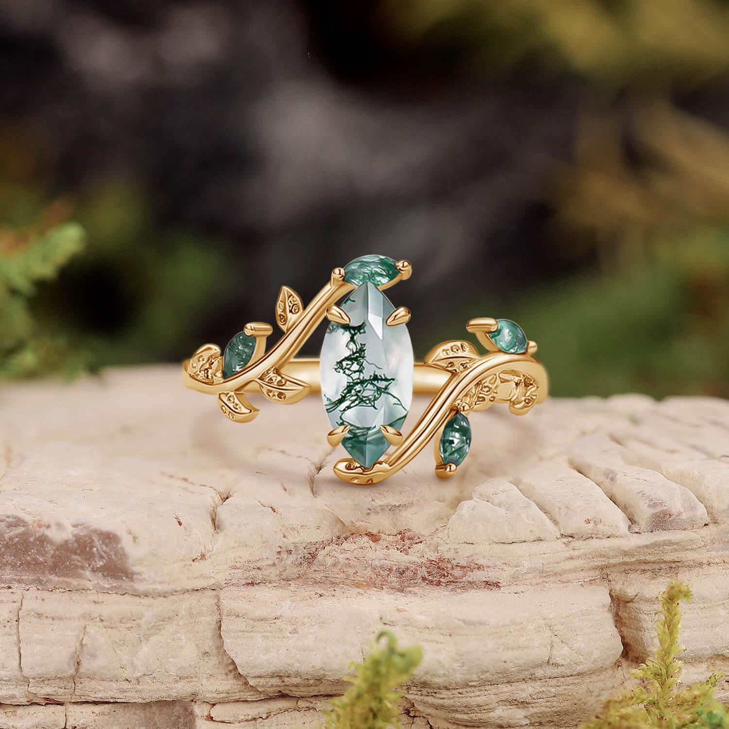 Vintage Marquise Cut Moss Agate Leafy Engagement Ring.