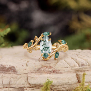 Vintage Marquise Cut Moss Agate Leafy Engagement Ring.