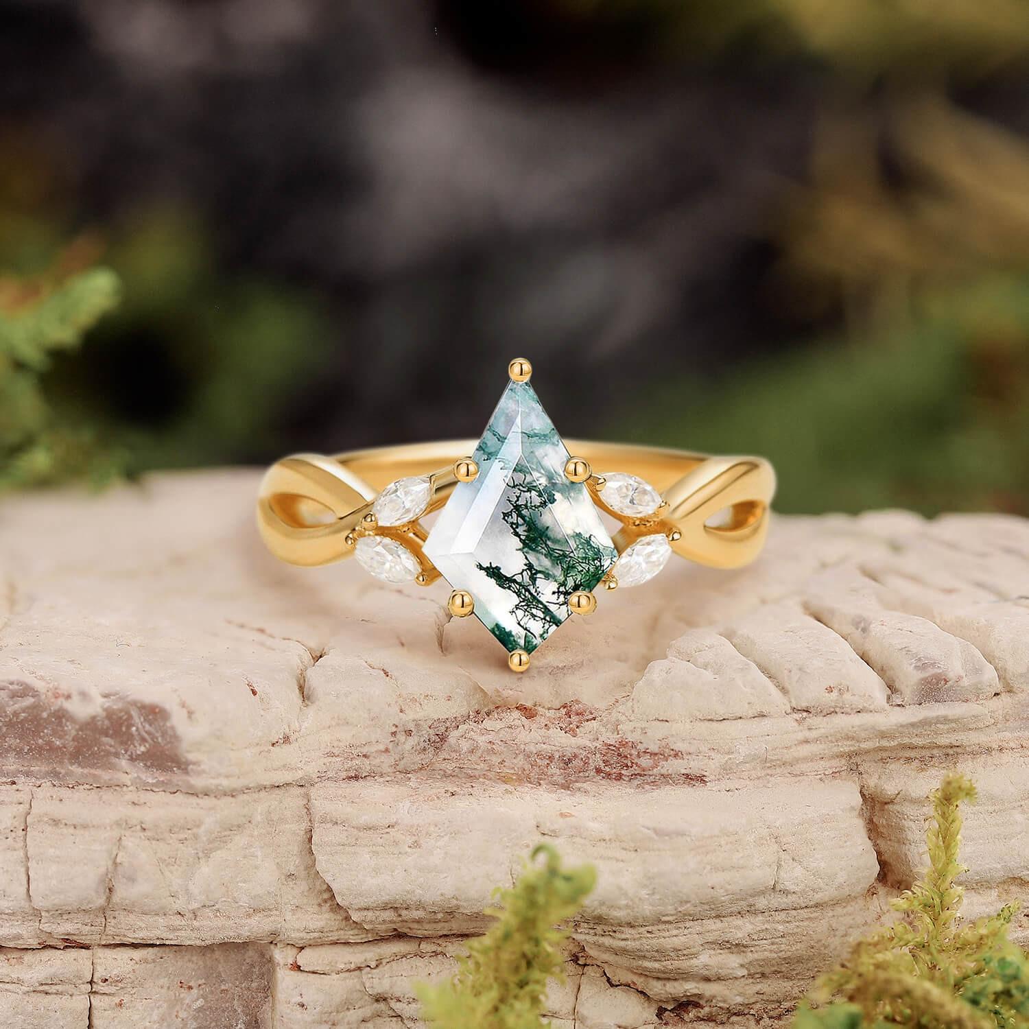 Minimalist Kite Cut Moss Agate Infinity Engagement Ring.