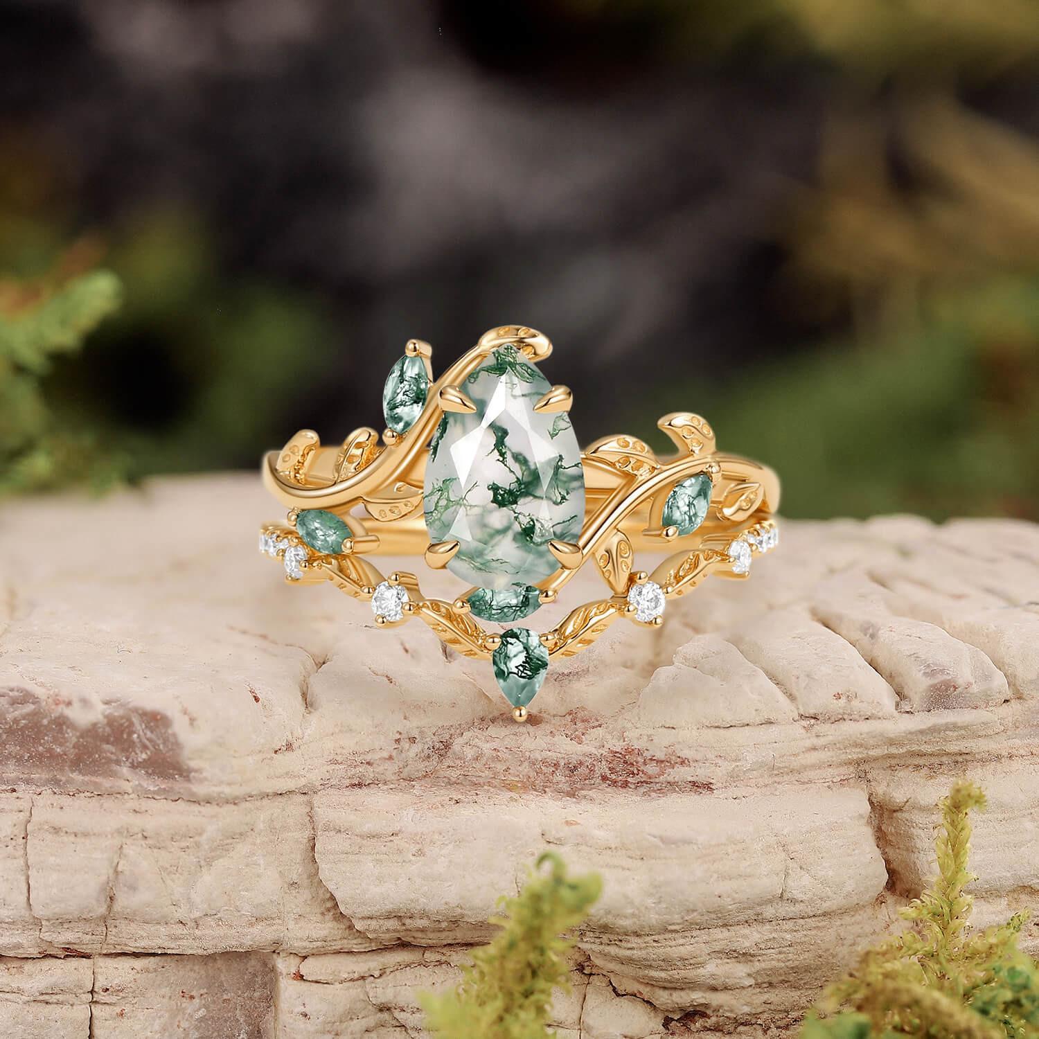 Daphne’s Vine | Pear Cut Moss Agate Bridal Set 2pcs.