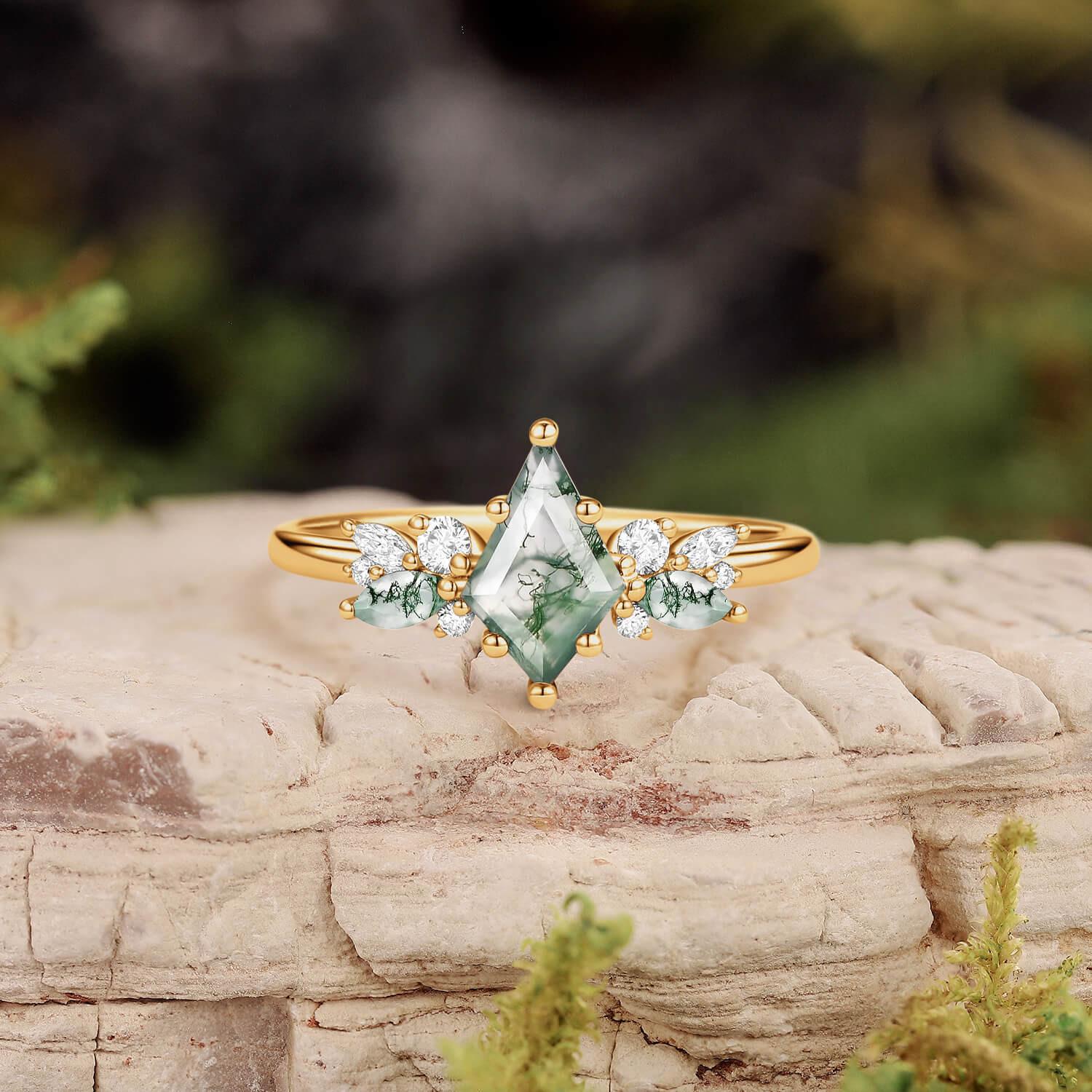 Lavinia’s Sprig | Classic Kite Cut Moss Agate Engagement Ring.