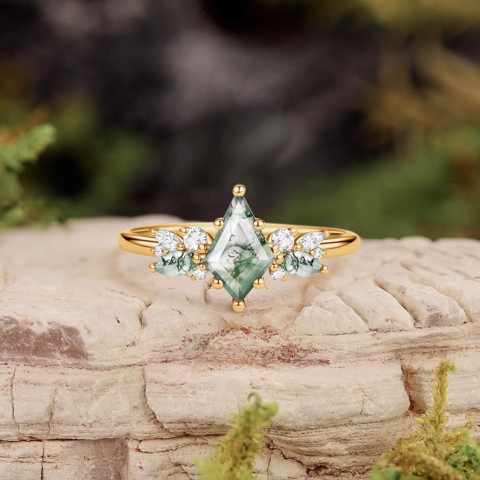 Lavinia’s Sprig | Classic Kite Cut Moss Agate Engagement Ring.