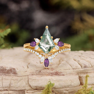 Butterfly Fairy - Unique Kite Cut Moss Agate & Amethyst Engagement Ring Set 2pcs.