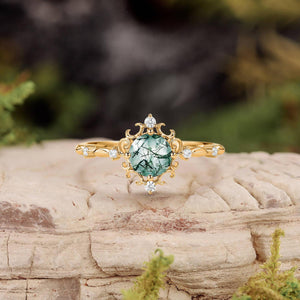 Vintage Round Cut Moss Agate Cluster Engagement Ring.