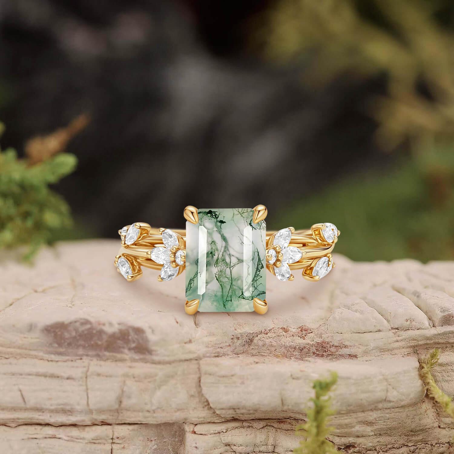 Nature Inspired Emerald Cut Moss Agate Engagement Ring.