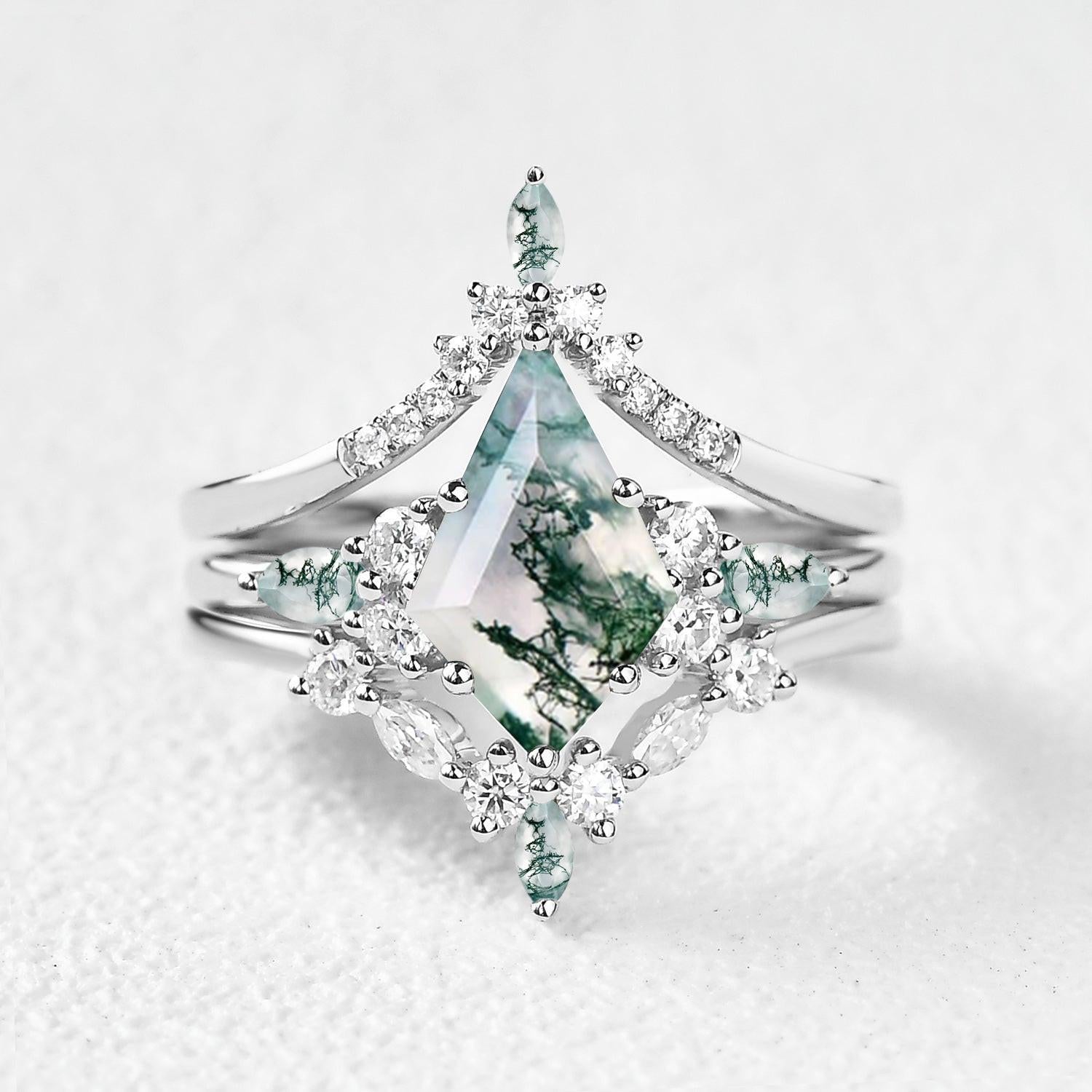 Sylvie’s Chevron | Kite Cut Green Moss Agate Engagement Ring Set 3pcs.