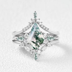 Sylvie’s Chevron | Kite Cut Green Moss Agate Engagement Ring Set 3pcs.