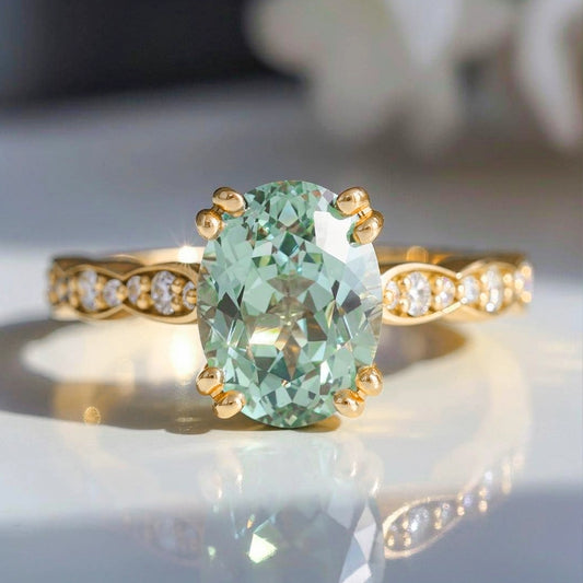 Lydia's Lace | Oval Green Sapphire Engagement Ring with Lace-Trim Diamond Band