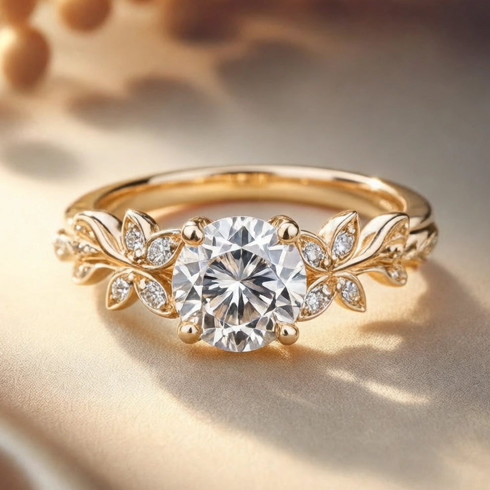 Flora’s Sprig | Round Cut Diamond Leafy Engagement Ring.