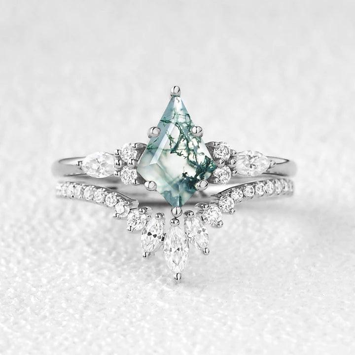 Adela’s Promise | Kite Cut Moss Agate Three Stone Engagement Ring Set 2pcs.