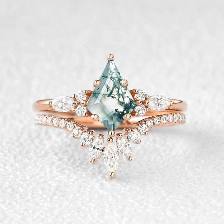 Adela’s Promise | Kite Cut Moss Agate Three Stone Engagement Ring Set 2pcs.