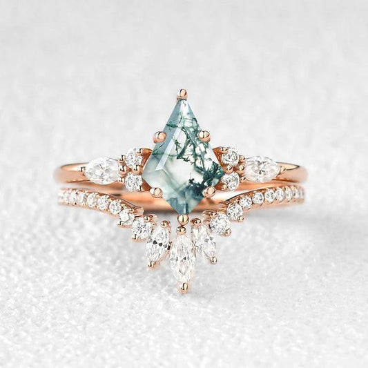 Adela’s Promise | Kite Cut Moss Agate Three Stone Engagement Ring Set 2pcs.