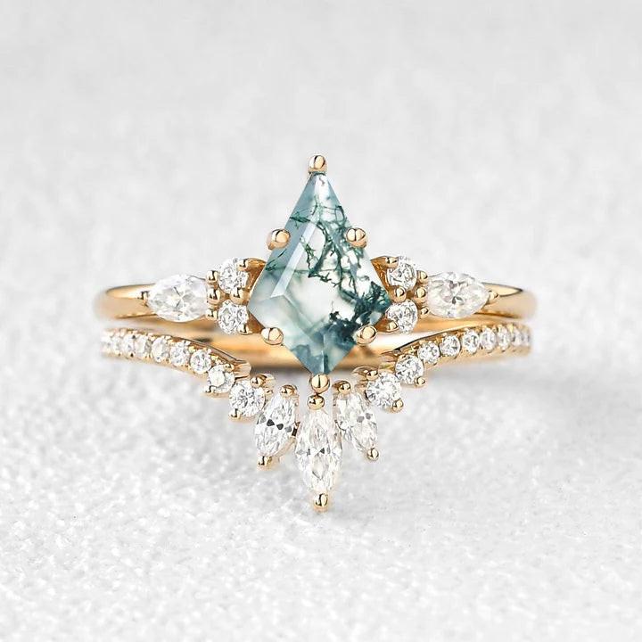 Adela’s Promise | Kite Cut Moss Agate Three Stone Engagement Ring Set 2pcs.